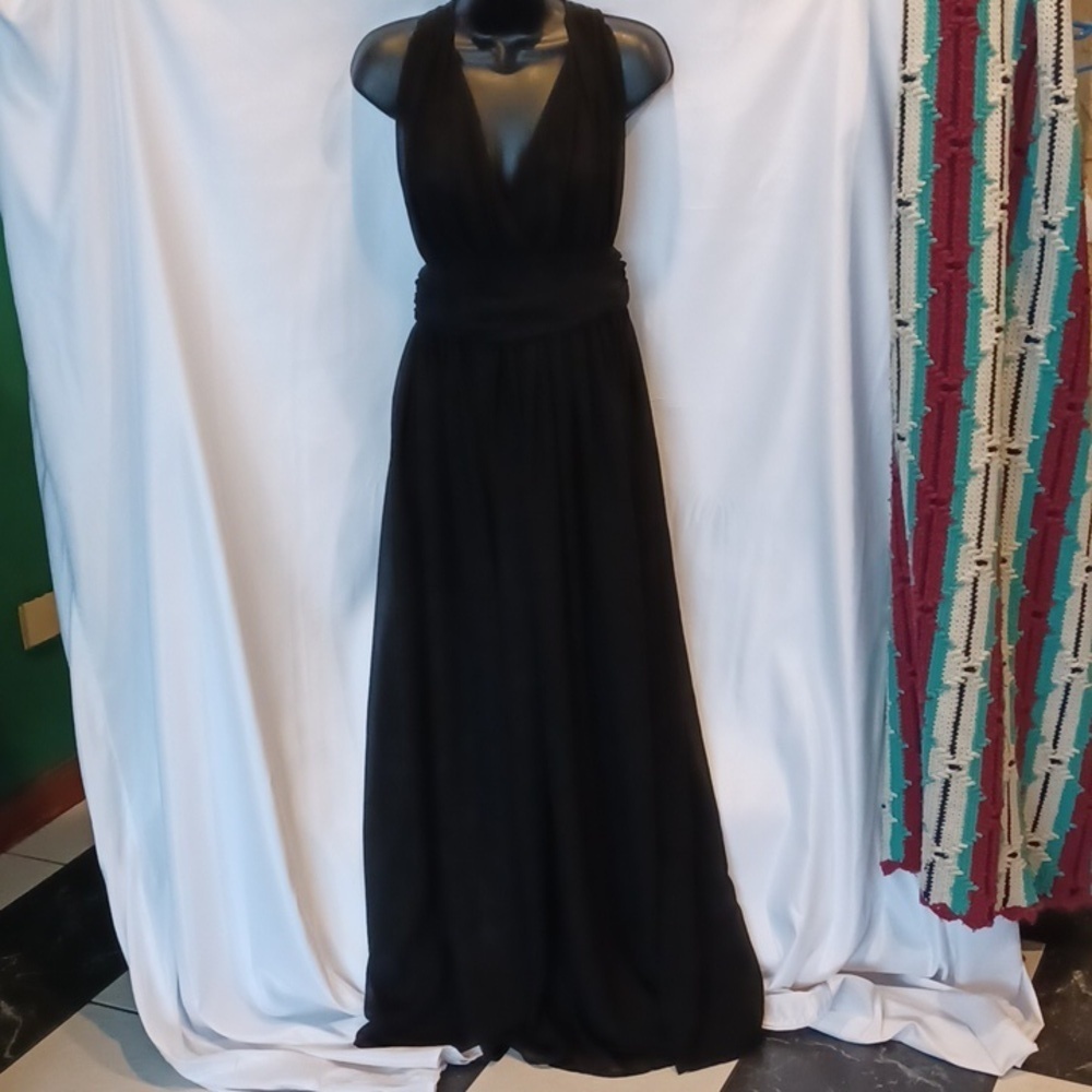 Active USABlack open back strappy maxi dress, short skirt under, sheer overskirt